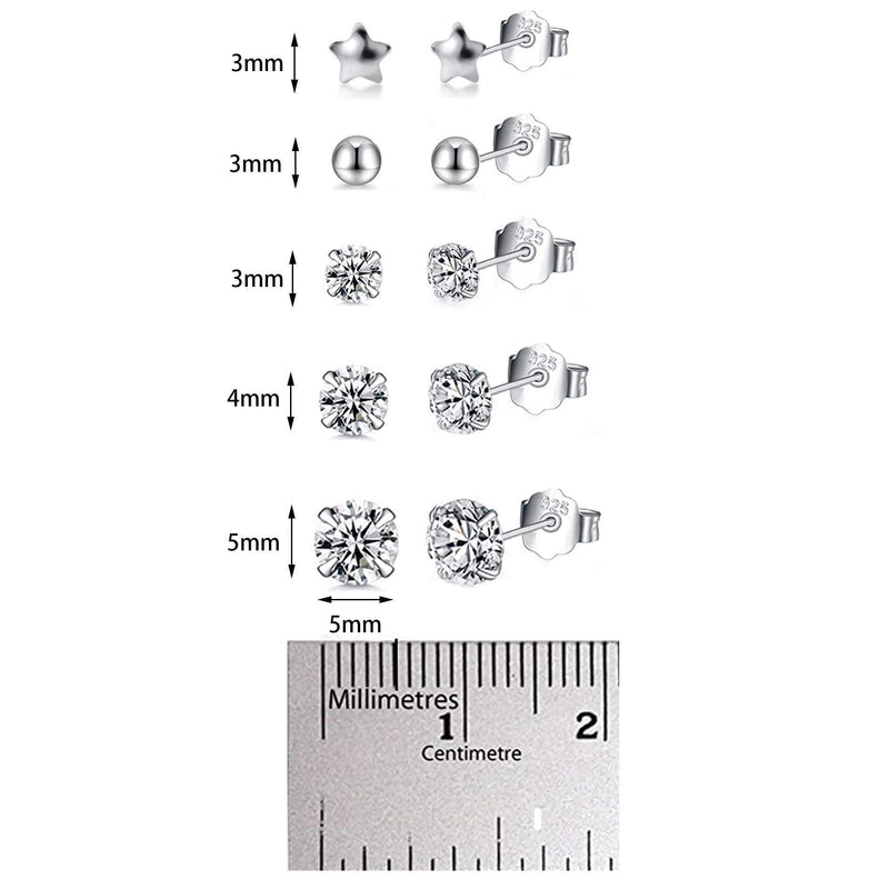 [Australia] - HAISWET Small 3mm Ball&3mm Star 925 Sterling Silver 3,4,5mm CZ Stud Earrings Set 