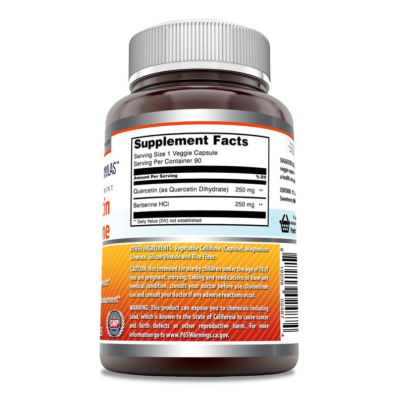 [Australia] - Amazing Formulas Quercetin Berberine - 250mg Berberine and 250mg Quercetin (Non-GMO,Gluten Free) -Potent Anti-oxidant Properties -Supports Heart Health, Energy Production, Immune Function (90 Count) 90 Count (Pack of 1) 
