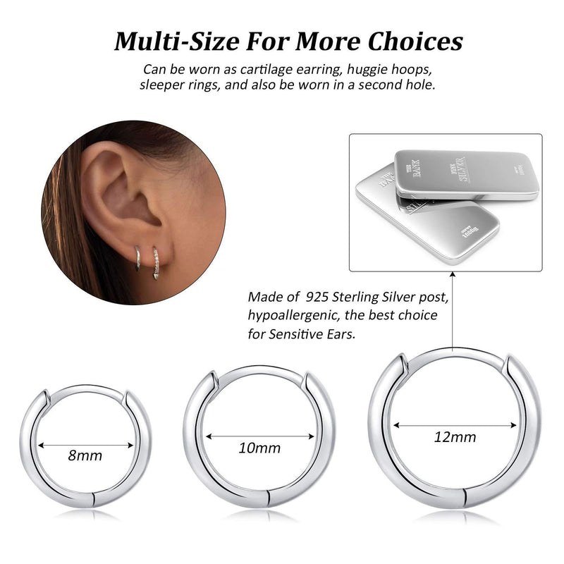 [Australia] - Silver Hoop Earrings for Women, Small Sterling Silver Huggie Earrings | Tiny Cubic Zirconia Cartilage Cuff Earrings Hoop Gold Piercing Jewellery for Girls Men Teens (8mm/10mm/12mm) 3 Pairs-8/10/12mm-Silver Hoop 