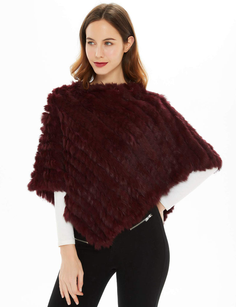 [Australia] - Ferand Women's Knitted Genuine Rabbit Fur Cape Poncho for Winter Burgundy 