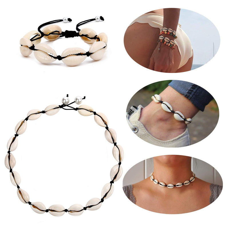 [Australia] - SCIONE Handmade Shell Necklace Adjustable Seashell Necklace and Anklet Bracelet Natural Cowrie Shell Necklace Fashion Wakiki Hawaii Style Boho Beach Gypsy Jewelry for Women Girls shell set-black 