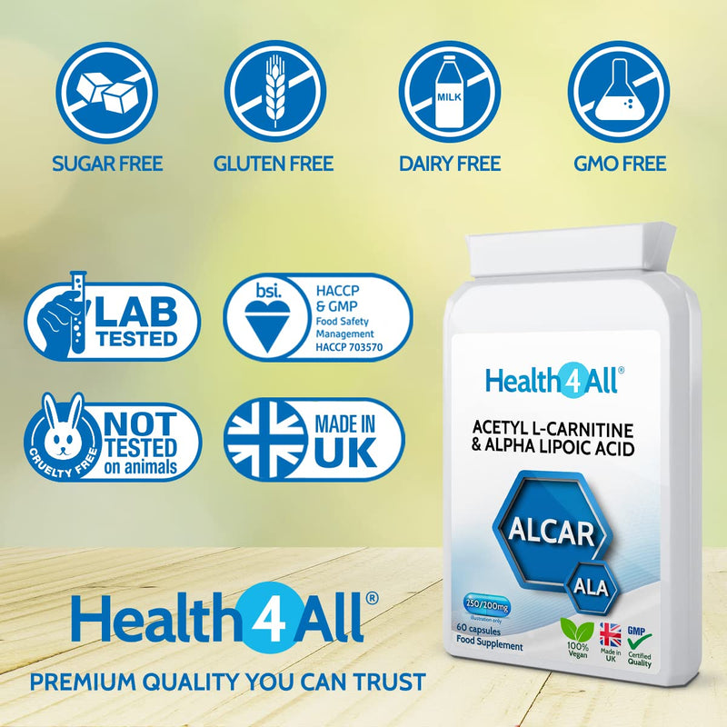 [Australia] - Acetyl L-Carnitine 250mg & Alpha Lipoic Acid 200mg 120 Capsules (V) . Vegan ALCAR ALA Capsules. Made in The UK by Health4All 120 Count (Pack of 1) 