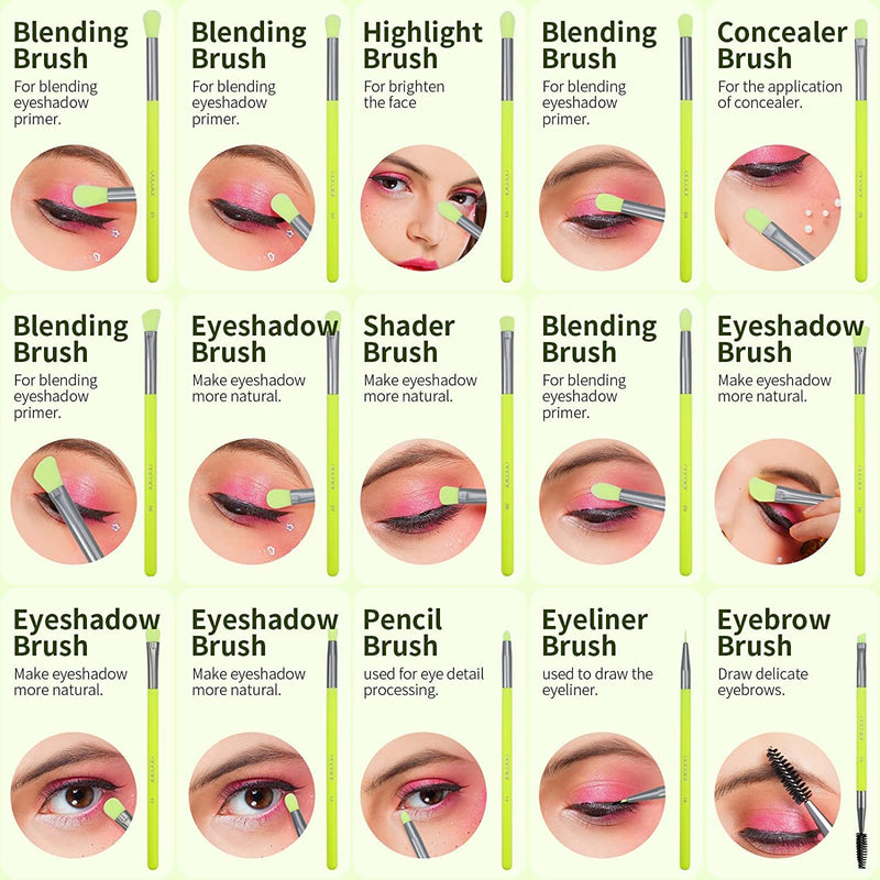 [Australia] - Eyeshadow Brushes Docolor Eye Makeup Brushes 15pieces Professional Eye Makeup Brush Set with Premium Wooden Handles for Eyeshadow, Concealer, Eyebrow, Eyelash and Eye Liners Neon Green 15 Pieces 