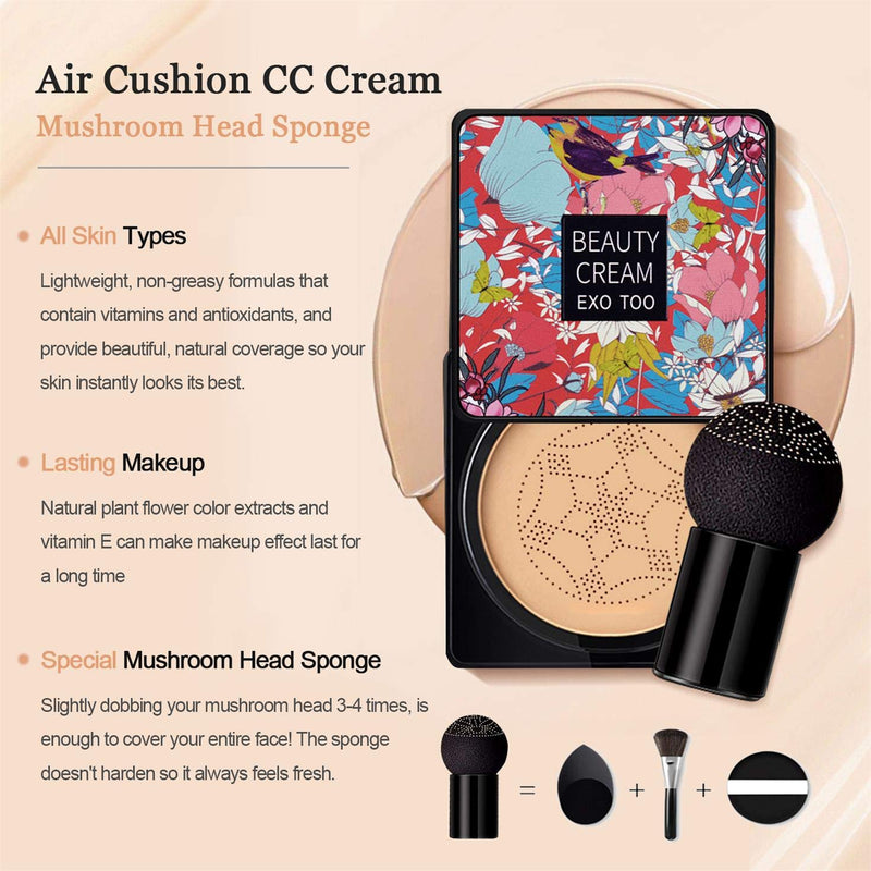 [Australia] - NUIBO Air Cushion CC Cream Mushroom Head, Moisturizing Concealer Makeup Base, Primer Liquid Foundation Long Lasting with Two Mushroom Makeup Sponges (Natural) 