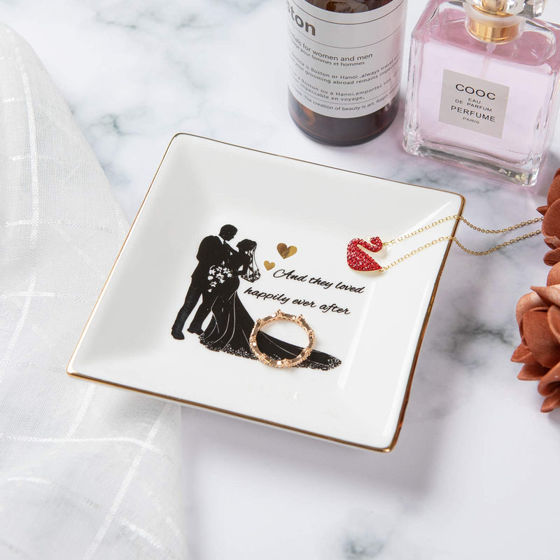 [Australia] - Kaidouma Wedding Engagement Gift for Bride or Couple Ring Trinket Dish Ceramic Decorative Jewelry Plate Valentine Anniversary Christmas Gifts for Women - and They Loved Happily Ever After 