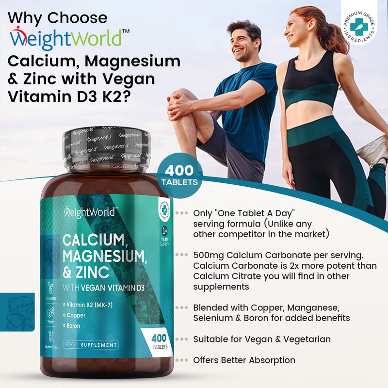 [Australia] - Calcium Magnesium Zinc Vitamin D3 K2 - 1+ Year Supply (One A Day) - 400 Vegan Calcium Tablets - Copper, Manganese, Selenium, Boron Complex - Osteo Tablets for Adults - Non GMO Calcium Supplement 