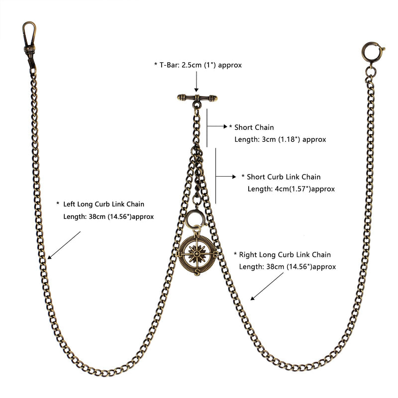 [Australia] - TREEWETO Men's Double Albert Chain Pocket Watch Curb Link Key Chain 3 Hooks with Antique Compass Pendant Design Charm Fob T Bar Bronze 