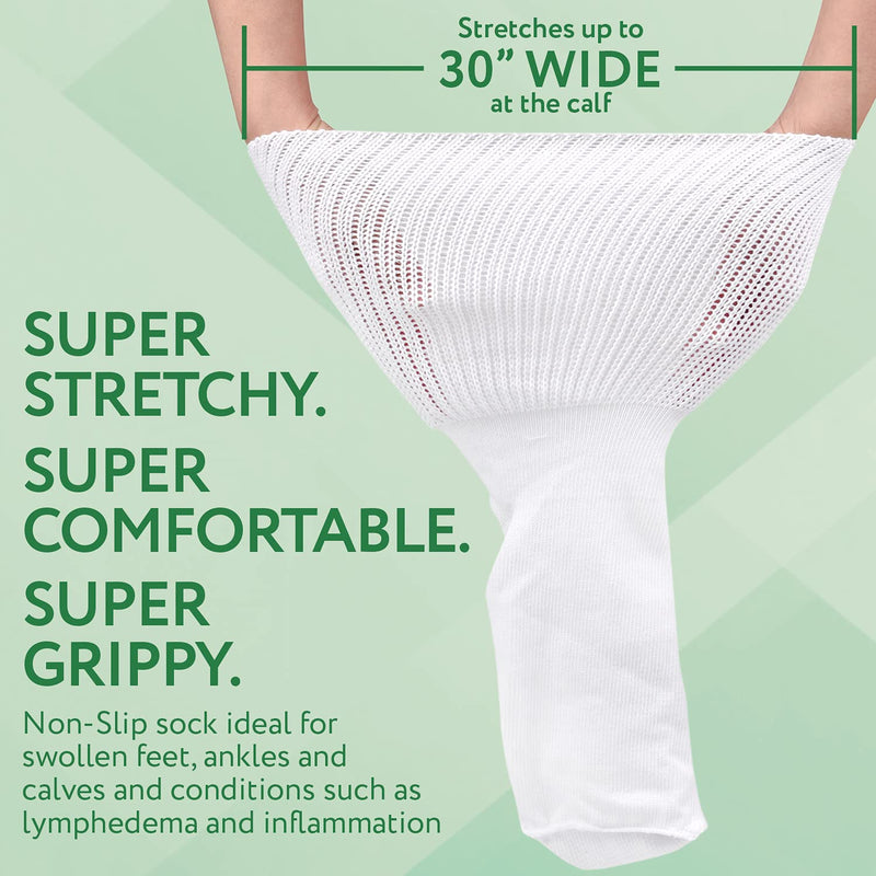 [Australia] - [2 Pairs] White Super Wide Socks With Non-Skid Grips - for Lymphedema - Bariatric Sock – Oversized Anti-Slip Sock Stretches up to 30'' Over Calf for Swollen Feet Mens and Womens Legs - One Size Unisex 