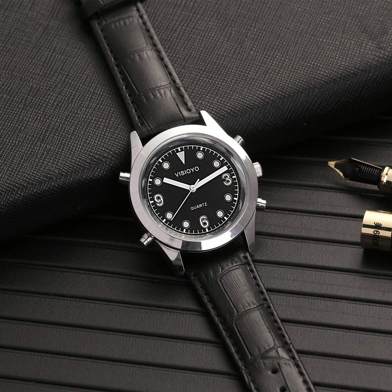 [Australia] - English Talking Watch with Alarm,Black Dial Black Leather Strap TESB-2302A 