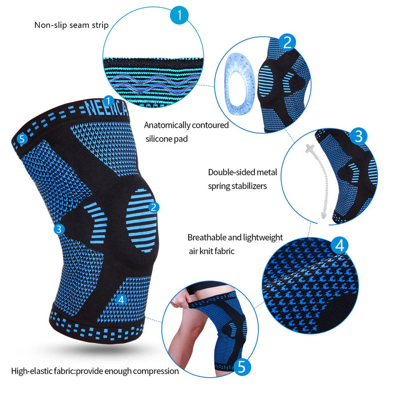 [Australia] - NEENCA [2 Pack] Knee Brace, Knee Compression Sleeve Support with Patella Gel Pad & Side Spring Stabilizers, Medical Grade Knee Protector for Running, Meniscus Tear, Arthritis, Joint Pain Relief, Sport Blue (pack of 2) Large 