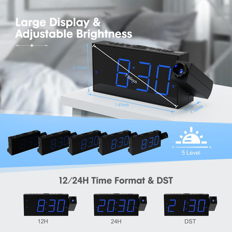 [Australia] - Digital Projection Alarm Clock for Bedroom, Large LED Alarm Clock with Projection on Ceiling Wall, 350°Projector,Dimmer,USB Charger, Battery Backup Loud Dual Alarm Clock for Heavy Sleeper Kids Elderly Blue Digits; Blue Projection 