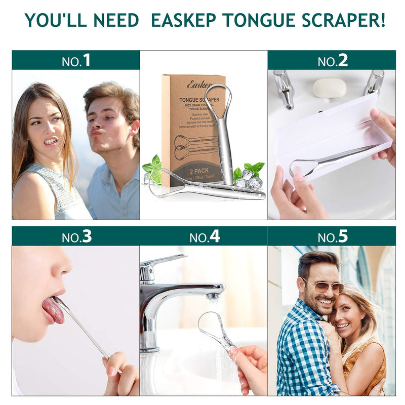 [Australia] - Tongue Scraper (2 Pack), Wide-head Tongue Cleaner with Nice Carrying Box, Easkep 100% Stainless Steel Tongue Scrapers Cleaners, for Men, Women, Adults, Kids, silver 