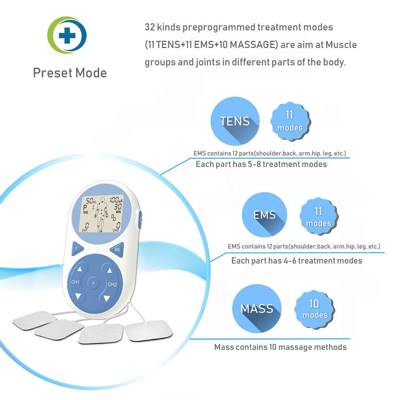 [Australia] - TENS Unit Muscle Stimulator EMS Pulse Massager 2020 Upgrade 3-in-1 Combination with Independent 2 Channels, 32 Preset&2 Manual Modes Professional Handheld Electrotherapy Device for Body Pain Relief 