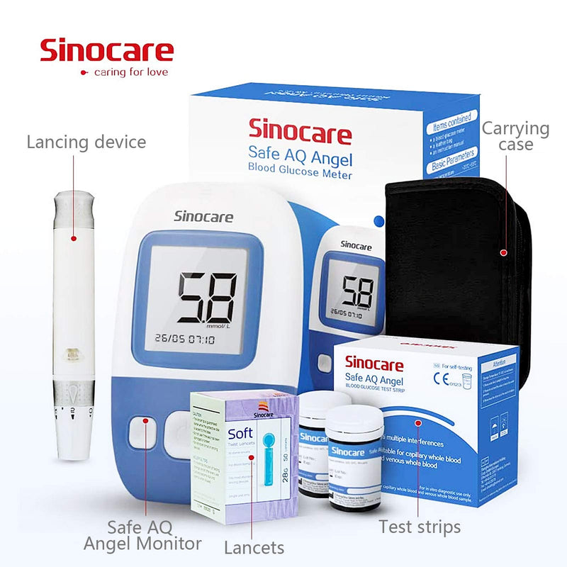 [Australia] - sinocare Blood Glucose Monitor,Diabetes Test Kit [Upgrade Version] with 200 Memory Capacity, Blood Sugar Monitor with Test Strips x 50 and Lancets x 50, sinocare Safe AQ Angel -in mmol/L Angel Monitor + Strips & Lancets*50 