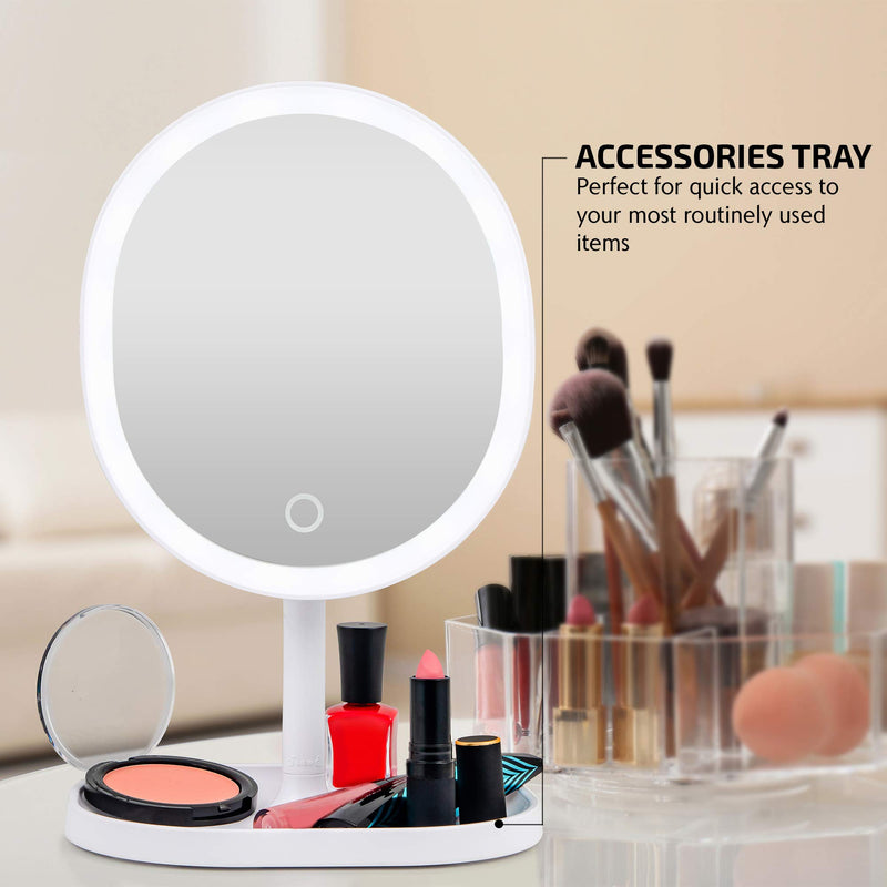 [Australia] - Ovente Lighted Makeup Mirror with Magnification, Rechargeable 8.5'' Vanity Table Top with Storage Tray, Dimmable Circle LED, 10X Mini Magnetic Mirror, Compact for Travel, USB Operated, White MOT22W 