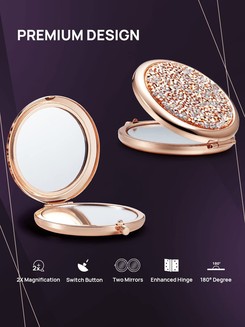 [Australia] - OMIRO Compact Mirror, Mini Mix Diamond 1X/2X Magnifying Round Metal Pocket Makeup Mirror (Rose Gold) Rose Gold, Mix Diamond 