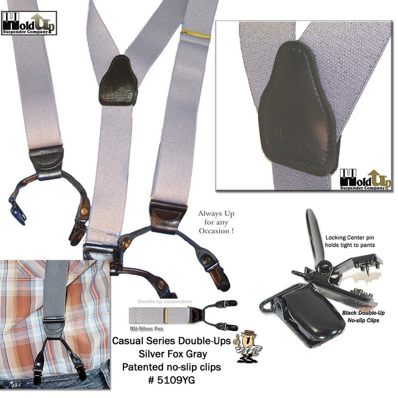 [Australia] - Holdup Suspender Company's Silver Fox Grey Suspenders in Dual Clip Double-ups Style with USA made 1 1/2" wide straps and Patented No-slip Clips 