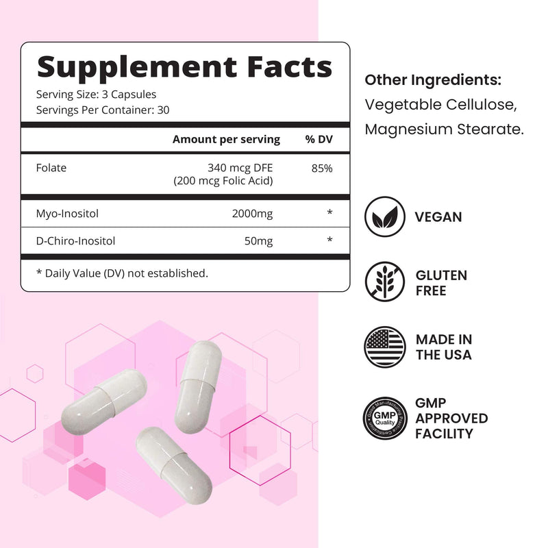 [Australia] - Myo-Inositol & D-Chiro Inositol Capsules with Folic Acid for PCOS - Fertility Supplements for Women, Most Optimal 40 to 1 Ratio, Hormonal Balance, Ovarian Function Support for Women (90 Ct) 