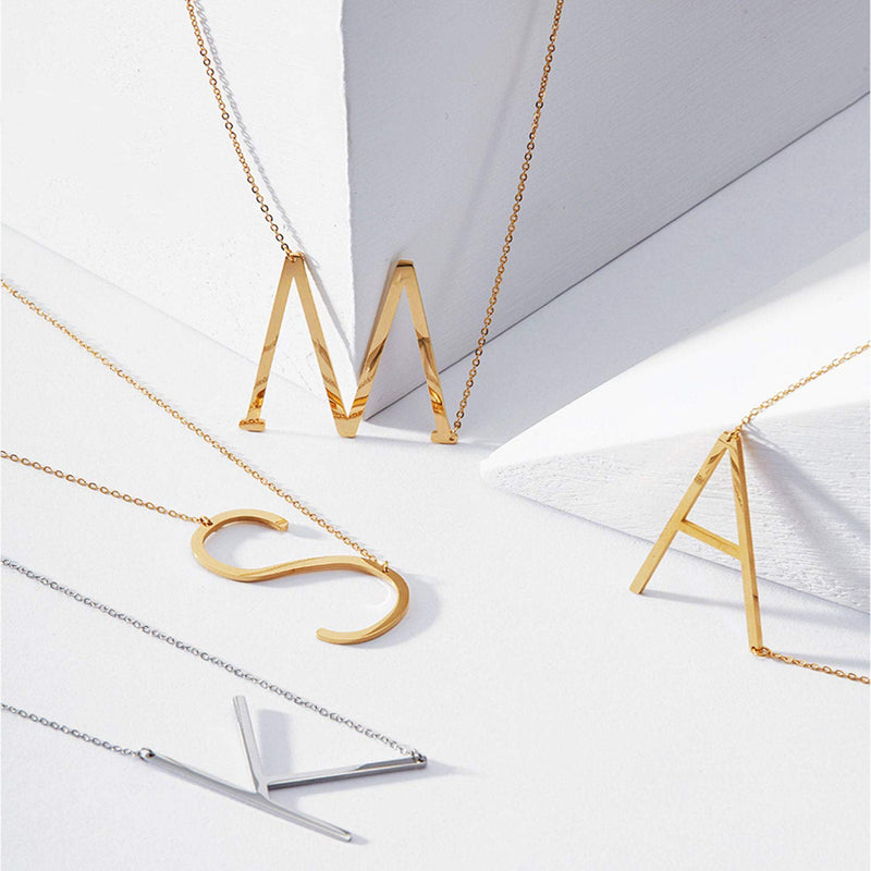 [Australia] - Ovian Sideways Large Initial Necklace for Women 18K Gold Plated Stainless Steel Big Letter Necklace Personalized Name Necklace Monogram Alphabet Necklace for Girls K 