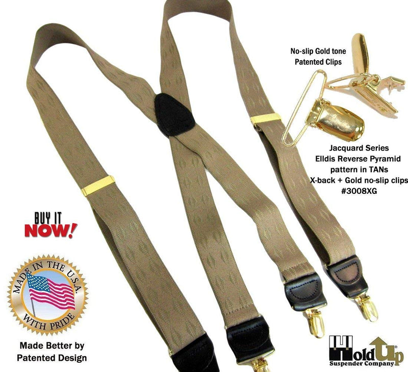 [Australia] - Holdup Brand Tan Jacquard weave Elddis diamond pattern X-back Suspenders with No-slip Gold-tone Clips. 