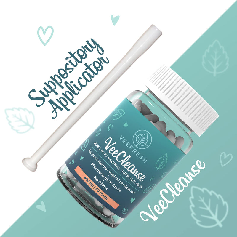 [Australia] - VeeFresh - VeeCleanse Boric Acid Vaginal Suppositories + Suppository Applicator - Vaginal pH Balance Suppositories - Vaginal Odor Control - Feel Fresh, Feminine and Confident Veecleanse + 1 aplicator 