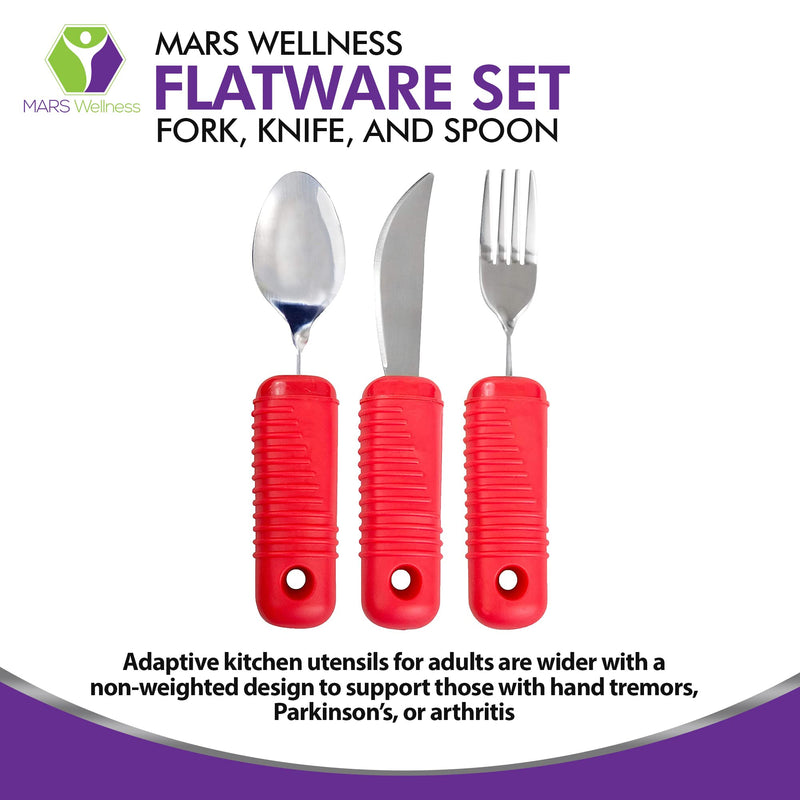 [Australia] - 3 Piece Super Easy Grip Red Flatware Set - Bendable Built Up Large Fork, Knife, and Spoon 