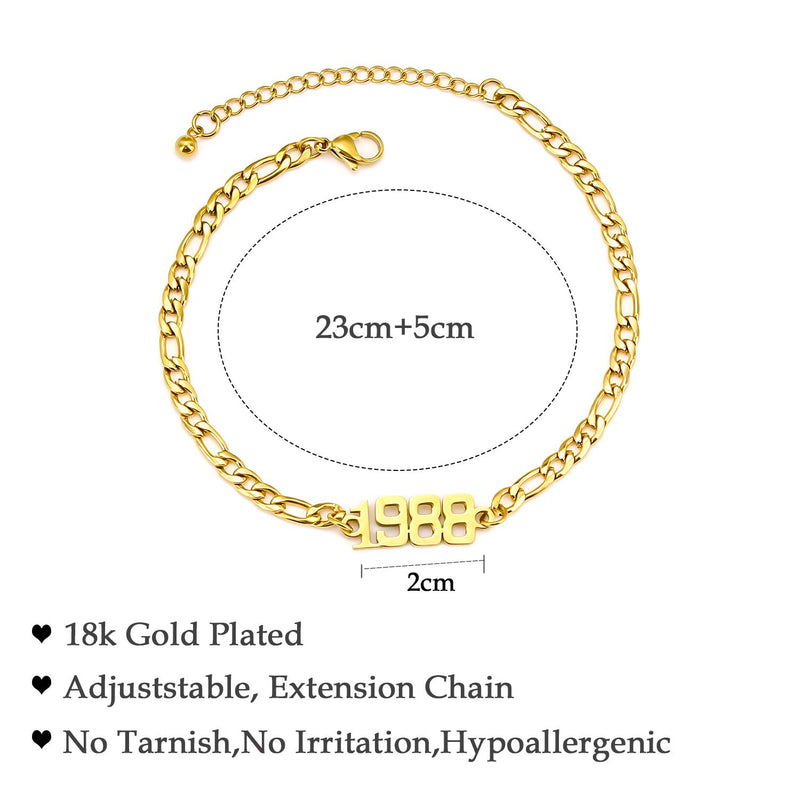 [Australia] - Birth Year Number Anklets Bracelet 18K Gold Plated Figaro Link Chain Anklets Adjustable Dainty Beach Foot Jewelry Anniversary Birthday Gift for Women Girls Gold-1988 