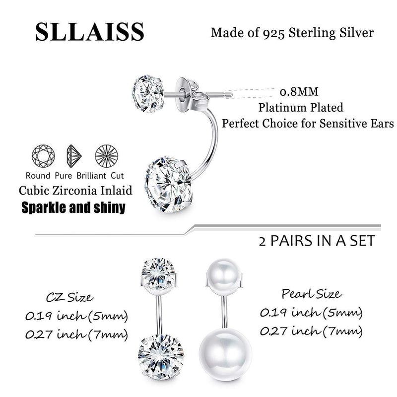 [Australia] - Sllaiss 2 Pairs Sterling Silver Double Ball Ear Jacket Earrings Set Cubic Zirconia Round Pearl Jewelry Gift for Women 