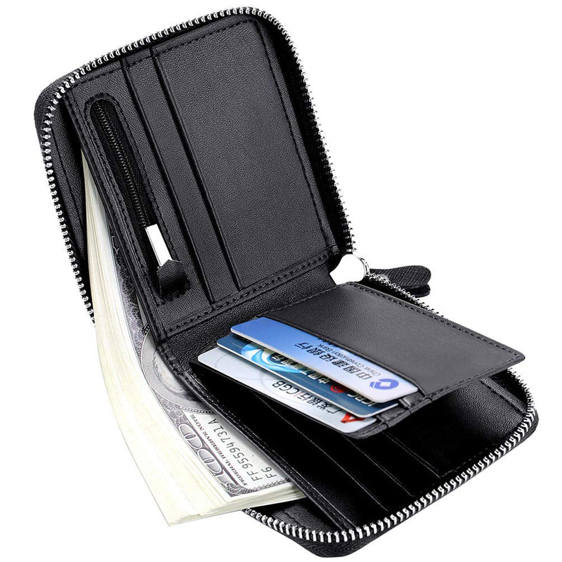 [Australia] - Veeskyee Men's Leather Zipper Wallet RFID Blocking Zip Around Wallet Bifold Multi Card Holder Purse Cross Black 