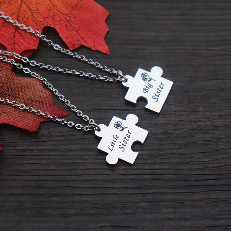 [Australia] - Huiuy Set of 2 Pieces Big Sis Lil Sis Necklaces Set Matching Jigsaw Puzzle Pendant Stainless Steel Gift for Sisters Friends Sister Necklace 