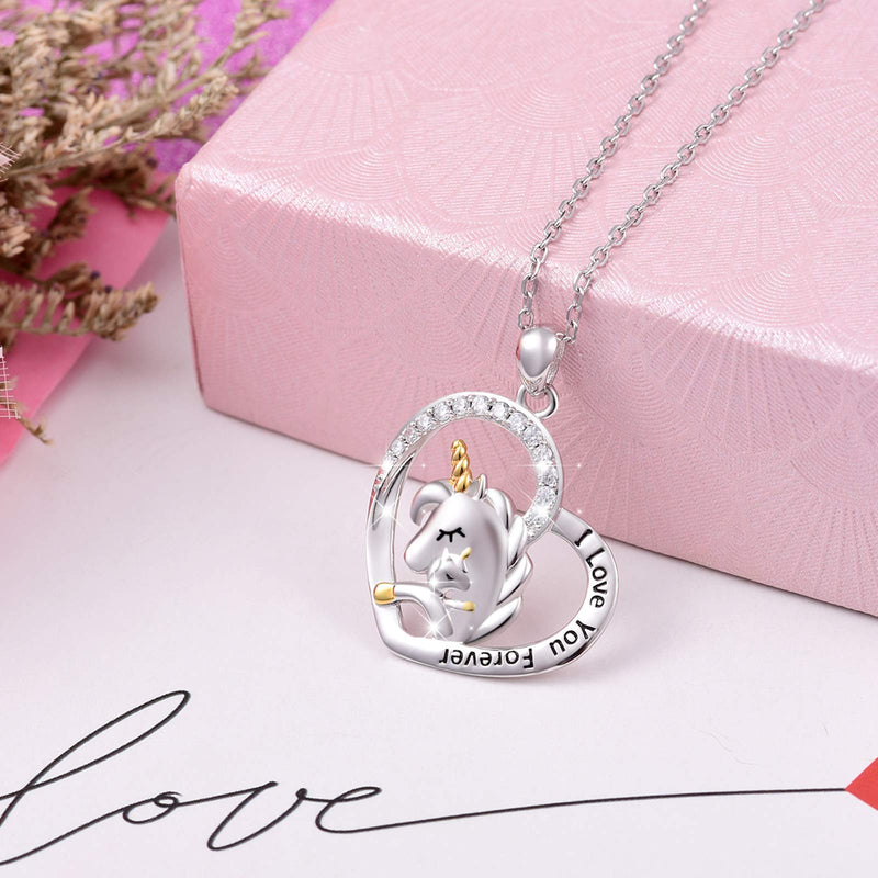 [Australia] - FREECO Unicorn Necklace Gifts for Women Girl - Sterling Silver Cute Unicorn in Heart Pendant Necklace Jewelry,Rolo Chain 18 Inches (Mother Daughter Unicorn Necklace) 