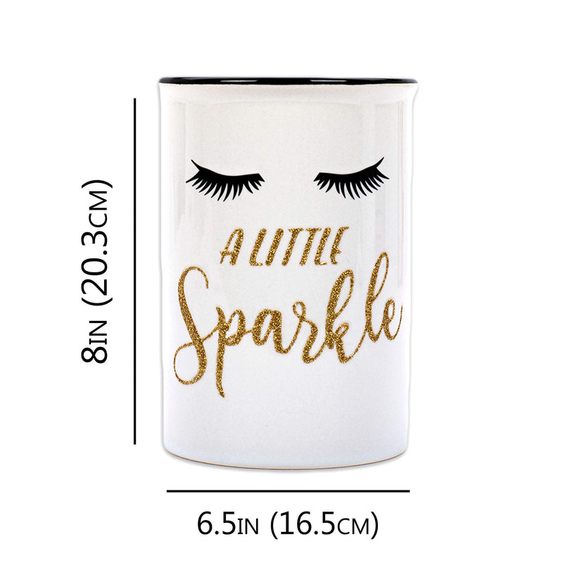[Australia] - Ceramic Makeup Brush Holder Storage"Leave A Little Sparkle" Cosmetic Organizer for Make Up Brushes and Accessories - Round White Cosmetics Cup for Bathroom Vanity Countertop 