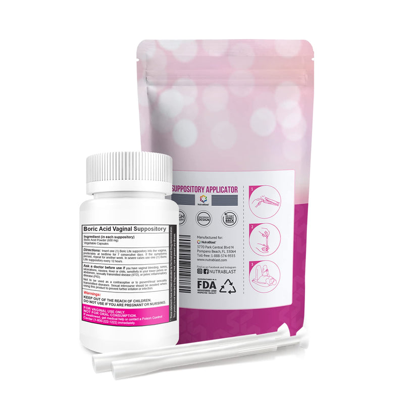 [Australia] - NutraBlast Boric Acid Vaginal Suppositories 600mg w/ Applicator, 30 Suppositories & 15 Applicators - Feminine Care - Made in USA 