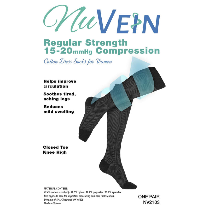 [Australia] - NuVein 15-20 mmHg Compression Socks for Women, Chevron Pattern Trouser Style, Knee High, Closed Toe, Black, Large 