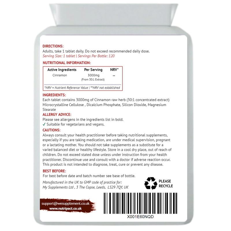 [Australia] - Cinnamon 3000mg Tablets - 120 Pack - for Blood Sugar Control & Weight Control Support Metabolism - Suitable for Vegetarians & Vegans - Made in The UK 