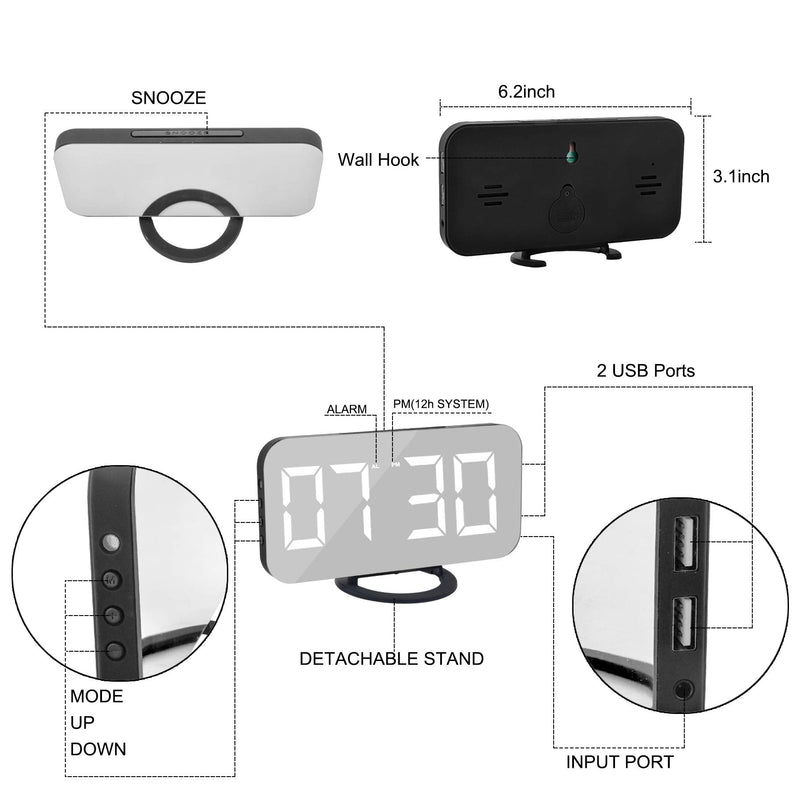 [Australia] - Digital Clock Large Display, LED Alarm Electric Clocks Mirror Surface for Makeup with Diming Mode, 3 Levels Brightness, Dual USB Ports Modern Decoration for Home Bedroom Decor-Black Black-white 
