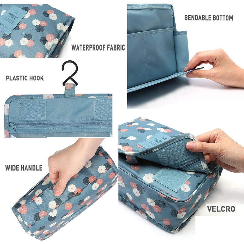 [Australia] - Travel Toiletry Bag Waterproof Makeup Cosmetic Bag with Hanging Hook Portable Makeup Pouch Hanging Makeup Organizer for Women and Girls Blue flower 