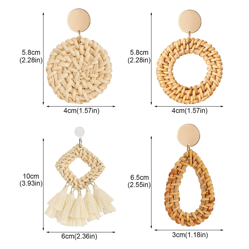 [Australia] - 4 Pairs Rattan Stud Earrings Geometric Tassel Bohemian Earrings Straw Wicker Braid Dangle Drop Earrings Hypoallergenic Ladies Earrings 