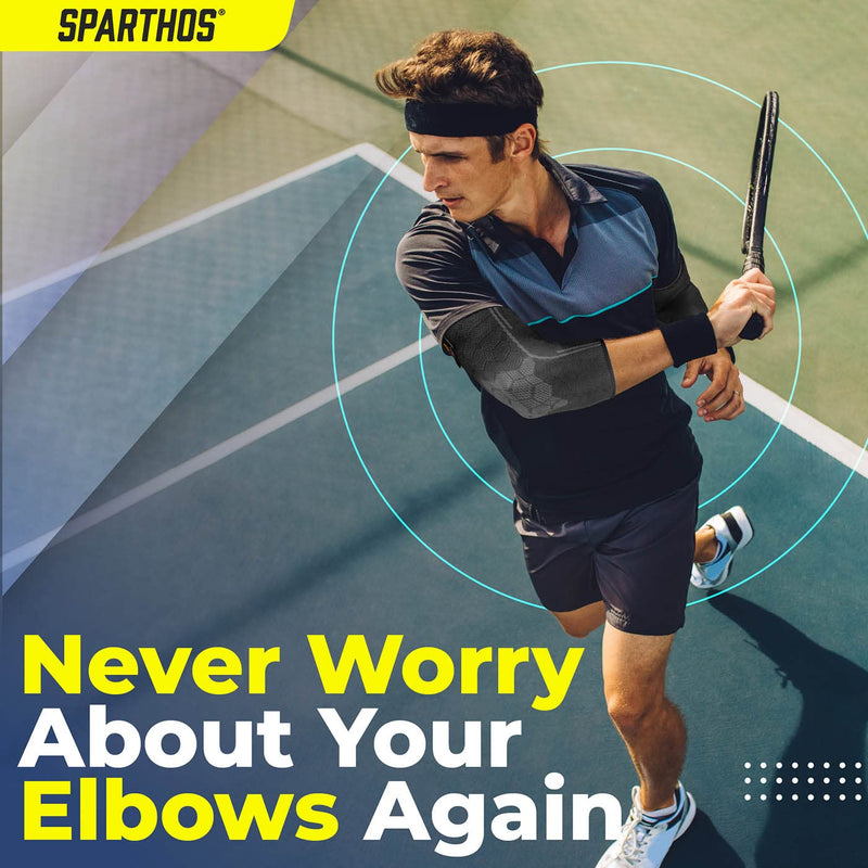[Australia] - Sparthos Elbow Compression Sleeves (Pair) – Tennis and Golfer's Elbow Support – Elbow Brace for Men and Women – Made from Innovative Breathable Elastic Blend Large Midnight Black 