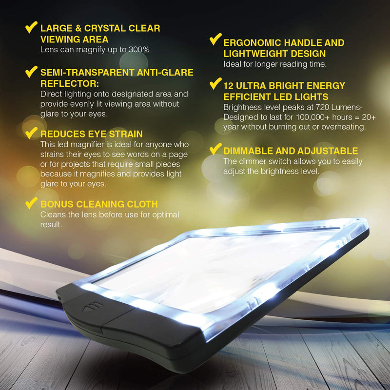 [Australia] - MagniPros 3X Large Ultra Bright LED Page Magnifier with 12 Anti-Glare Dimmable LEDs (Provide More Evenly Lit Viewing Area & Relieve Eye Strain)-Ideal for Reading Small Prints & Low Vision & Aging Eyes Black 