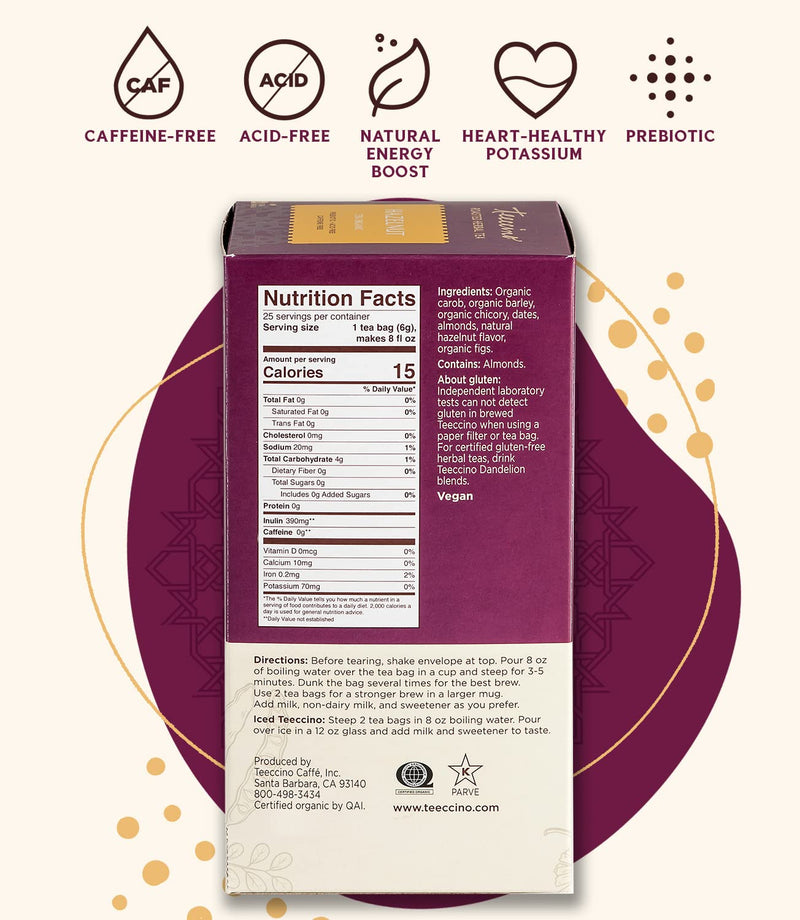 [Australia] - Teeccino Herbal Tea – Hazelnut – Rich & Roasted Herbal Tea That’s Caffeine Free & Prebiotic for Natural Energy, 25 Tea Bags 25 Count (Pack of 1) 