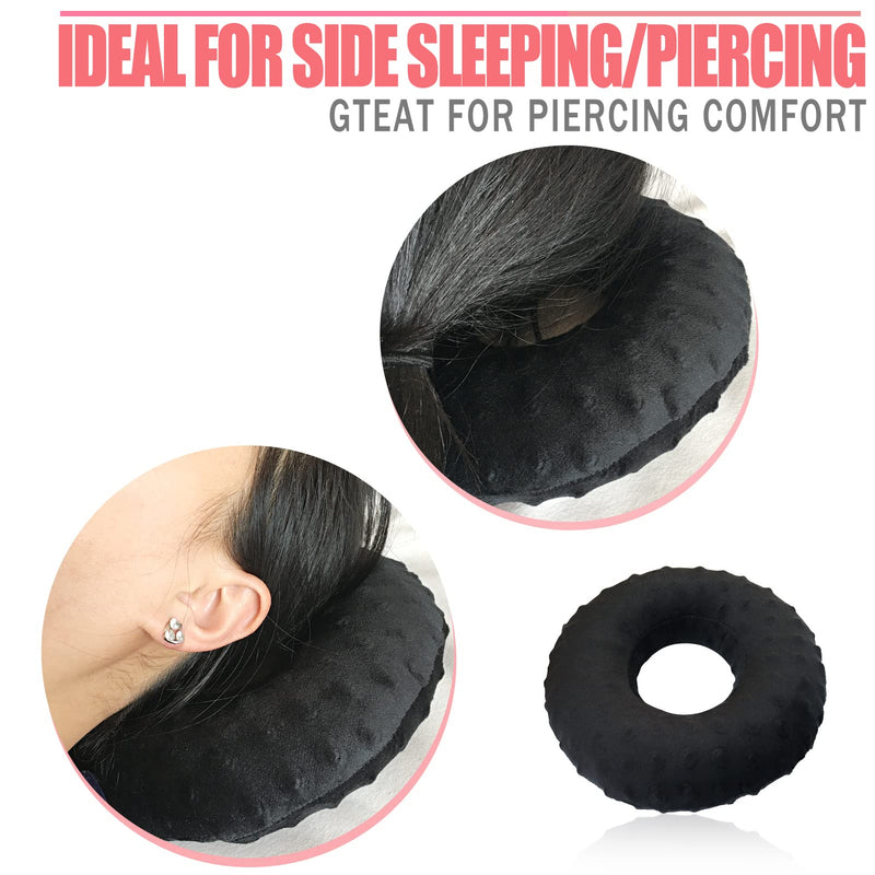 [Australia] - Piercing Ear Pillows CNH Donut Cushion with Hole for Side Sleeping, Ear Ache/Pain Lifesaver Tinnitus, Support Neck Head Minky Dot Black 