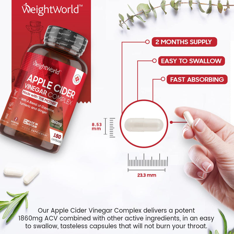 [Australia] - Apple Cider Vinegar with Mother - 180 ACV Complex Capsules - 1860mg High Strength Apple Cider Vinegar, Turmeric, Ginger, & Pepper Supplement with Vegan Live Cultures - Made in The UK 
