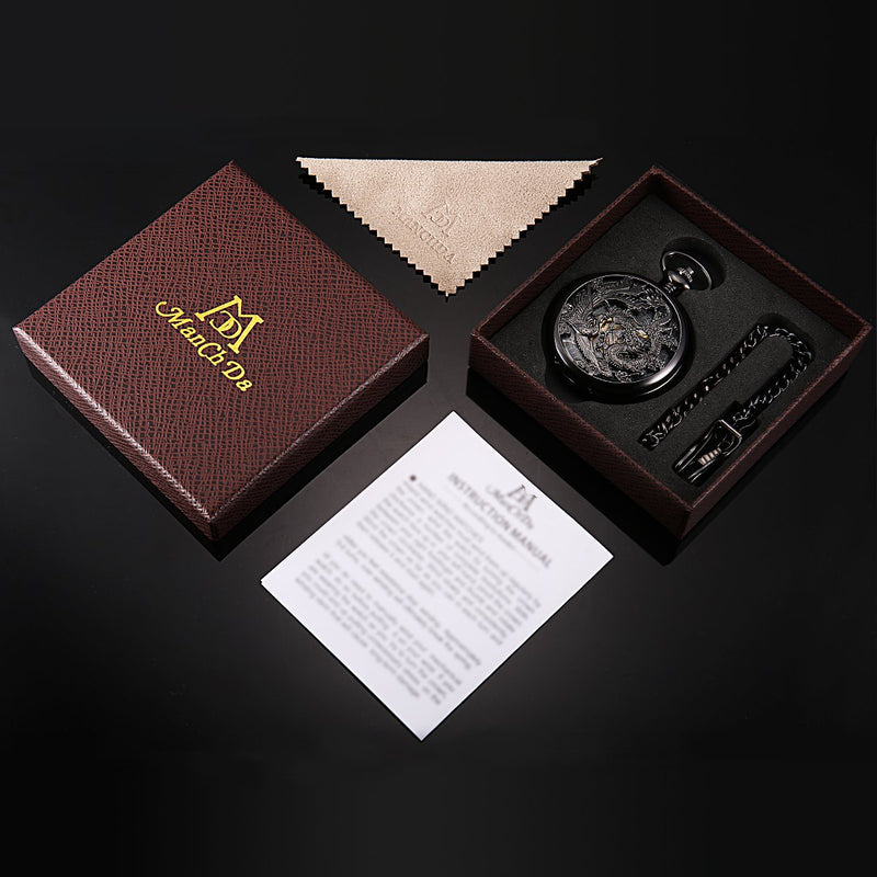 [Australia] - ManChDa Mens Antique Mechanical Pocket Watch Lucky Dragon & Phoenix Retro Skeleton Dial with Chain 1.Black 