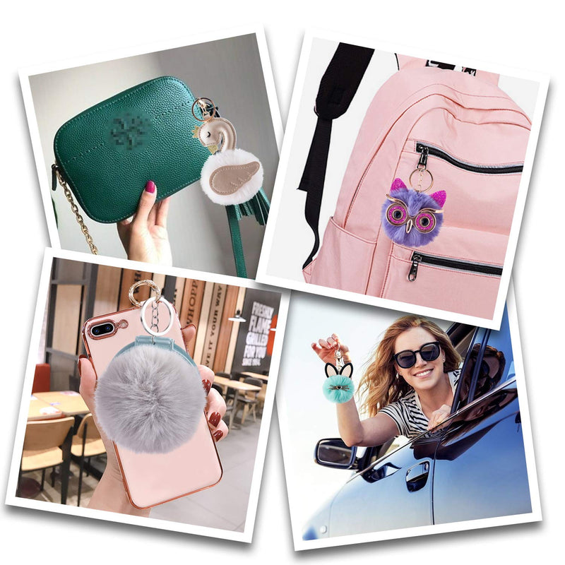 [Australia] - 2Pcs Pom Pom Keychain Puff Ball Keychain for Women Bag Purse Car Key Rings Bear Peach Grey 
