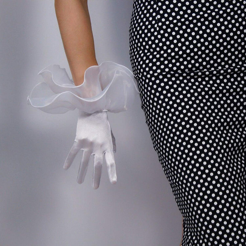 [Australia] - DooWay Women Touchscreen Black Fashion Satin Silk Sexy Gloves Wrist Short Stretchy Tulle Organza Ruffle Puff Sleeve White 