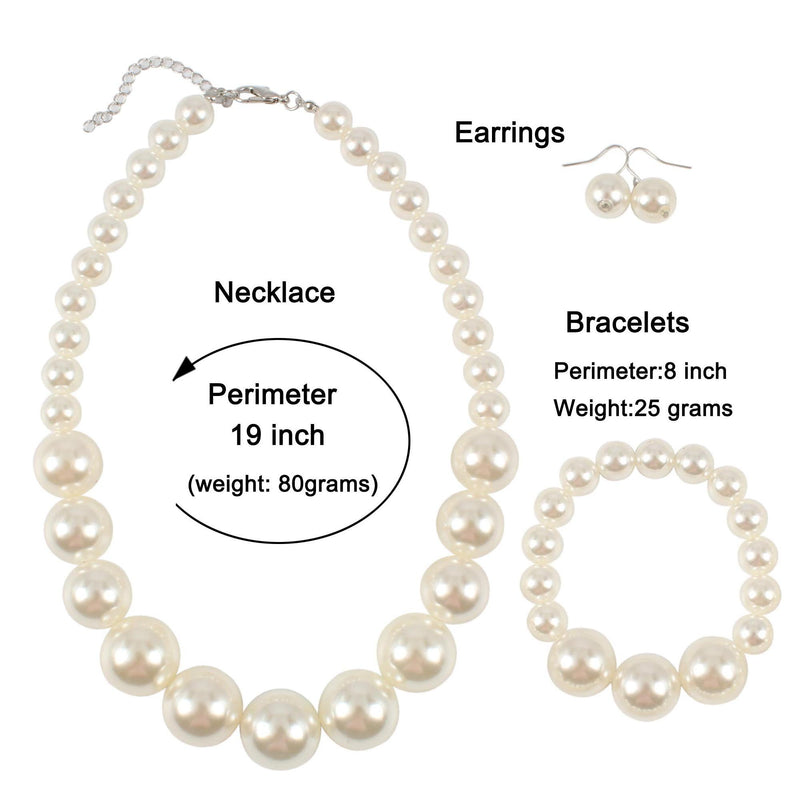 [Australia] - KOSMOS-LI Women's Large Big Simulated Pearl Statement 19" Necklace Bracelet and Earrings Jewelry Set ivory 