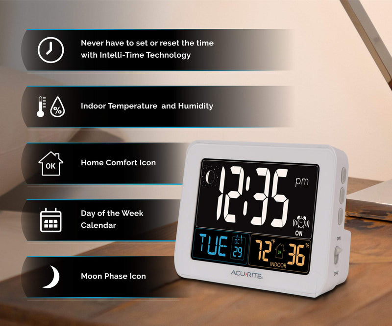 [Australia] - AcuRite Intelli-Time Digital Alarm Clock for Bedroom with USB Charger, Indoor Temperature and Humidity for Heavy Sleepers (13040CA) 