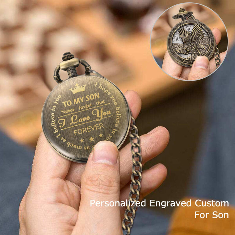 [Australia] - SIBOSUN Personalized Pocket Watch Engraved Back Case Birthday Graduation Men Women to My Son Daughter Eagle Scout Quartz 1 To My Son, Eagle Scout 