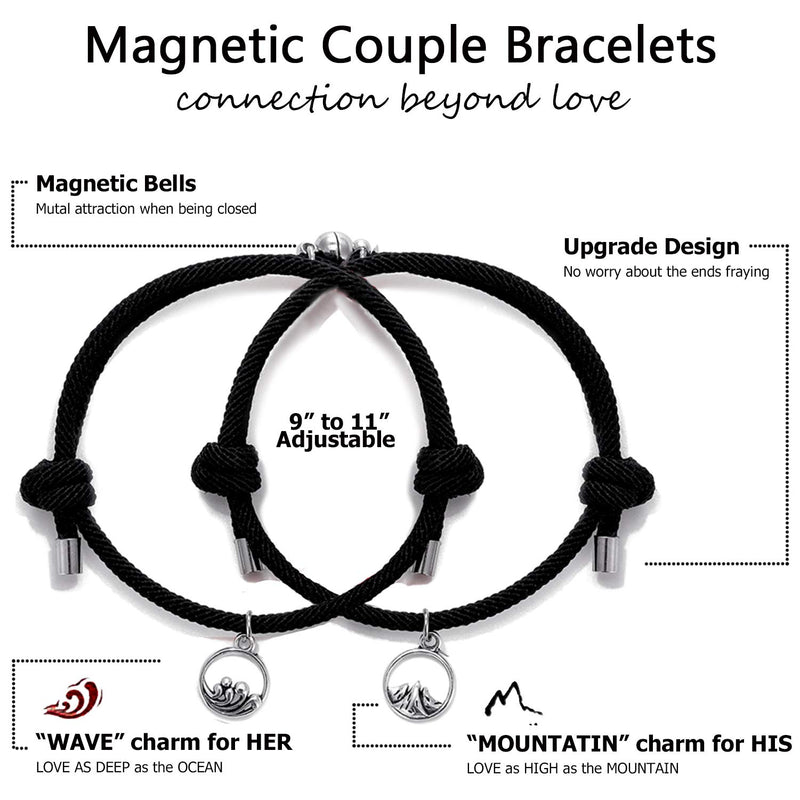 [Australia] - Upgraded Magnetic Couples Bracelets Mutual Attraction Relationship Matching Bracelets for Couples Friendship Promise Rope Braided Bracelet Set Gift for Women Men Boy Girl Him Her BFF Best Friends 2pcs Black Magnetic Couple Bracelet 